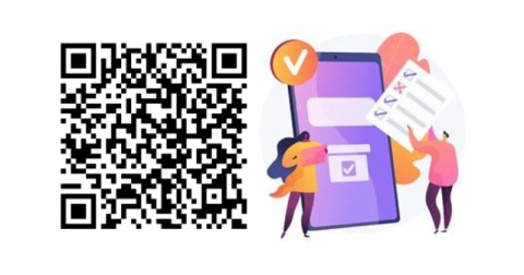 Image avec le QR code vers l'enquête de satisfaction et pictogramme enquête